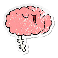 distressed sticker of a happy cartoon brain