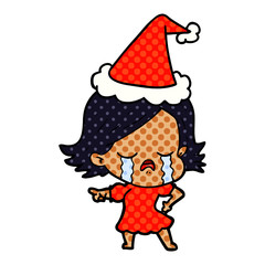 comic book style illustration of a girl crying and pointing wearing santa hat