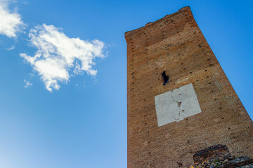 View of the medieval tower in the town center of Barbaresco, one of the main villages of the wine...