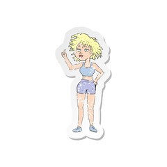 retro distressed sticker of a cartoon tired gym woman