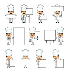 Set of cook characters posing with diverse blank banners. Funny cook holding paper, poster, placard, pointing to whiteboard. Teach, advertise. Simple vector illustration