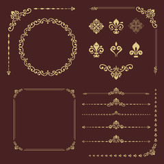 Vintage set of vector horizontal, square and round elements. Different elements for backgrounds, frames and monograms. Classic patterns. Set of vintage golden patterns