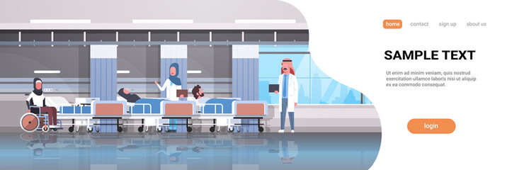 Obraz premium arabic doctors team visiting disabled arab patients sitting wheelchair lying bed intensive therapy ward healthcare concept hospital clinic room interior horizontal copy space