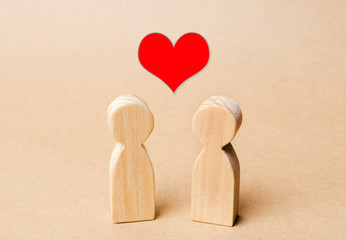Miniature wooden figures of people and a red heart above them. Concept of love, romantic relationship. Sympathy. A loving couple and romance. Happiness