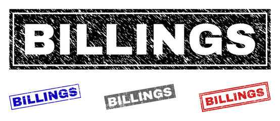 Grunge BILLINGS rectangle stamp seals isolated on a white background. Rectangular seals with grunge texture in red, blue, black and grey colors.