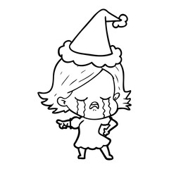 line drawing of a girl crying and pointing wearing santa hat