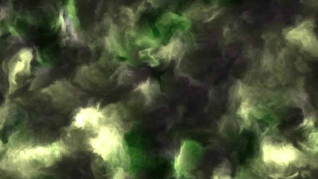 Loopable 4k video of stormy green and yellow clouds in a nebula in space, slowly moving, forming and dissolving, 4k, 3840p, 24fps