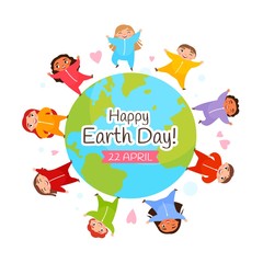 Vector poster for the day of the earth. Cute children of different nationalities on the globe.