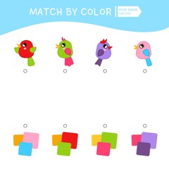Matching children educational game. Match by colors. Activity for pre sсhool years kids and toddlers. Illustration of cute birds.