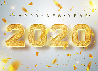 2020 Happy new year. Gold Numbers Design of greeting card of Falling Shiny Confetti. Gold Shining Pattern. Happy New Year Banner with 2020 Numbers on Bright Background. Vector illustration.
