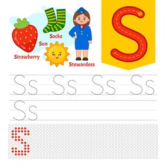 Handwriting practice sheet. Basic writing. Educational game for children. Learning the letters of the English alphabet. Letter S.