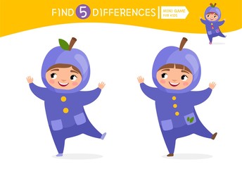 Find differences.  Educational game for children. Cartoon vector illustration of cute child in plum costume.