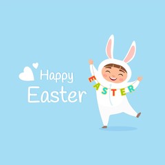 Vector Happy Easter poster. Illustration of a cute child in a rabbit costume with a garland. Gentle blue background.