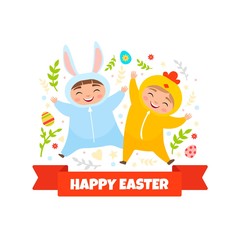 Vector greeting card for easter day. Illustration of cute kids in a rabbit and chicken costume. Symbols of Easter.