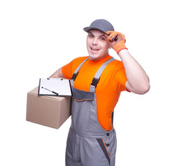 Courier deliver cargo isolated on white background