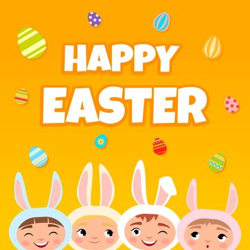 Vector Happy Easter poster. Cute children dressed as rabbits. Easter eggs on a yellow background.