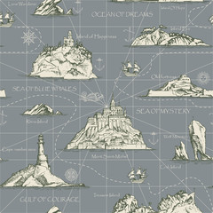 Vector abstract seamless background on the theme of travel, adventure and discovery. Old hand drawn map with islands, lighthouses, sailboats and inscriptions in retro style