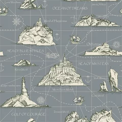Washable wall murals Mountains Vector abstract seamless background on the theme of travel, adventure and discovery. Old hand drawn map with islands, lighthouses, sailboats and inscriptions in retro style