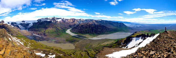 wide vivid landscape panorama, panoramic view from peak Kristinartindar, Skaftafell Park on valley...