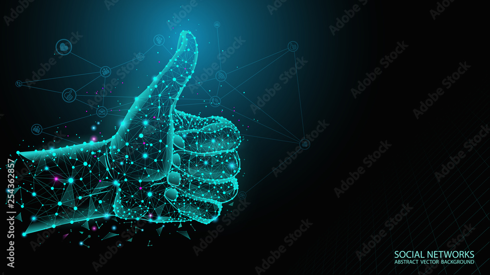 Poster abstract futuristic blue background. human hand with a raised finger. mark of approval. social netwo