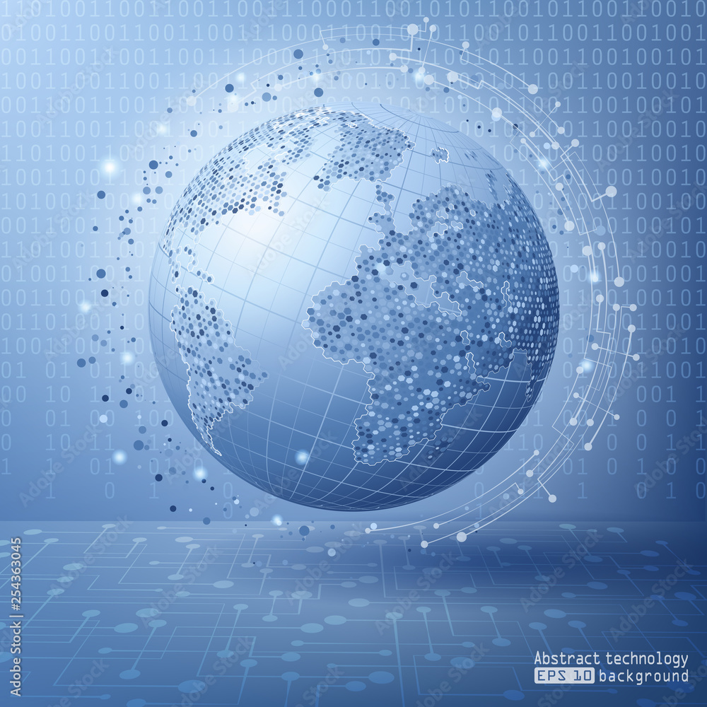 Poster blue futuristic background with planet earth. global social network. internet and technology. virtua