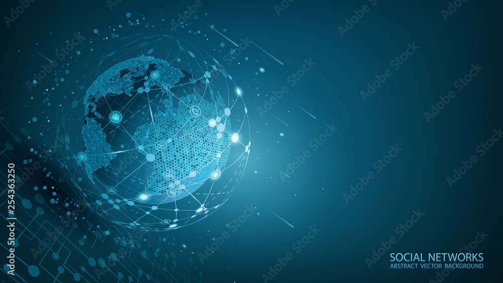 Poster global social network. future. vector. blue futuristic background with planet earth. internet and te
