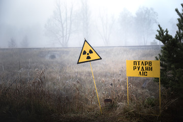 Radioactivity sign in Chernobyl Outskirts 2019 - obrazy, fototapety, plakaty