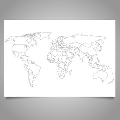 world map with borders outline isolated on white paper banner 