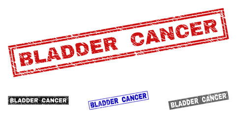 Grunge BLADDER CANCER rectangle watermarks isolated on a white background. Rectangular seals with grunge texture in red, blue, black and gray colors.