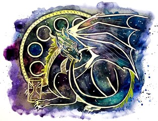 Hand drawn watercolor magic dragon with hourglass on space background