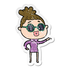 Naklejka premium distressed sticker of a cartoon woman wearing sunglasses