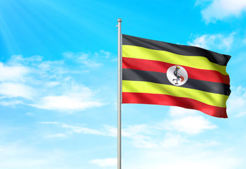 Uganda flag waving sky background 3D illustration