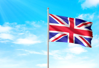 United Kingdom flag waving sky background 3D illustration