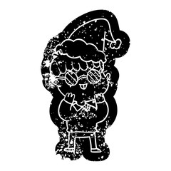 cartoon distressed icon of a boy wearing spectacles wearing santa hat