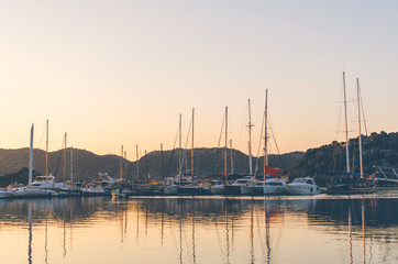 Boats in harbor at sunset,, Antalya, Turkey