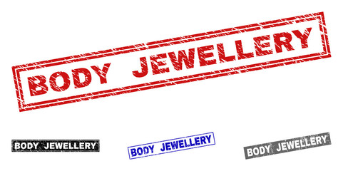 Grunge BODY JEWELLERY rectangle stamp seals isolated on a white background. Rectangular seals with grunge texture in red, blue, black and gray colors.