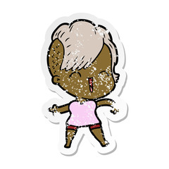 distressed sticker of a cartoon happy hipster girl