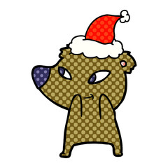 cute comic book style illustration of a bear wearing santa hat