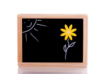 Drawings on chalkboard - one flower and sun - spring on a white background