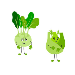 vector cute kawaii character vegetable on white green kolhrabi cabbage fennel
