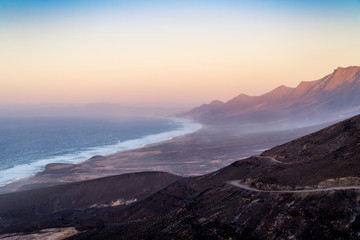 Fototapeta na wymiar The beautiful beach of Cofete at sunset, Island of Fuerteventura, Canary Islands, Spain
