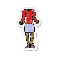 retro distressed sticker of a cartoon female body with shrugging shoulders