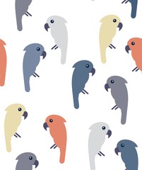 Modern seamless pattern with pastel colored cockatoo birds on white background
