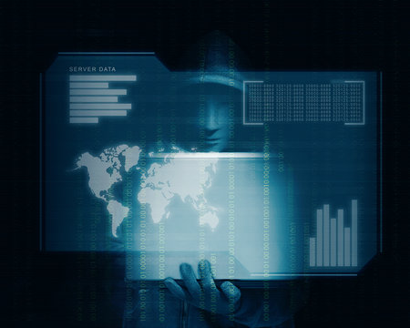 Hacker in black hoodie holding laptop with his hand and virtual screen display the server data, world maps, chart bar and binary code