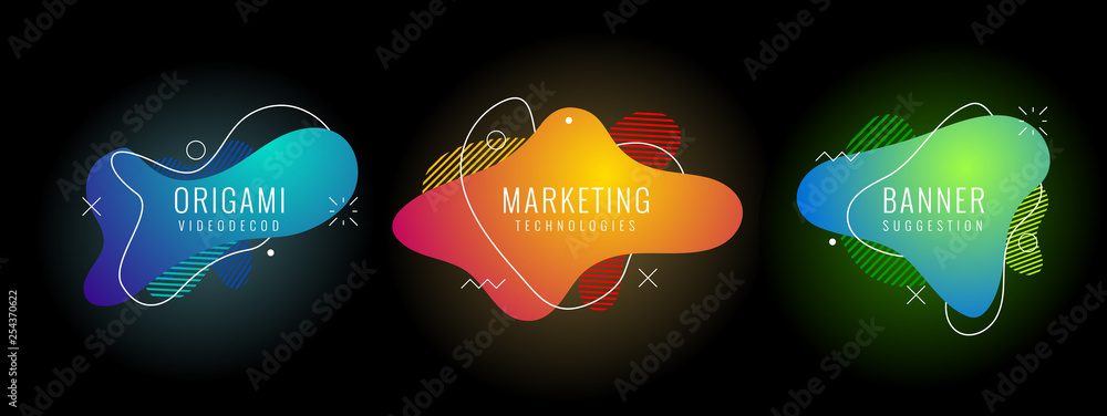 Poster set of liquid color abstract geometric shapes. fluid gradient elements for minimal banner, logo, soc