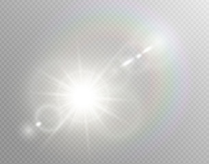 Vector transparent sunlight special lens flare light effect. Isolated sun flash rays spotlight. White front translucent sunlight background. Blur abstract glow glare decor element. Star burst.