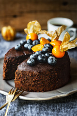 Chocolate cake with Blueberries and Gooseberry on top