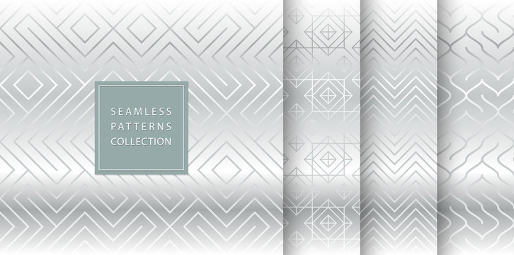 Geometric seamless silver pattern background. Simple vector graphic gray print. Repeating line abstract texture set. Minimalistic shapes. Stylish trellis square metal grid. Geometry web page fill.