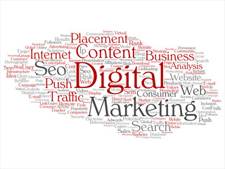 Vector concept or conceptual digital marketing seo traffic abstract word cloud isolated on background. Collage of business, market, content, search, web push, placement, communication technology text