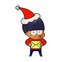 nervous textured cartoon of a boy wearing santa hat